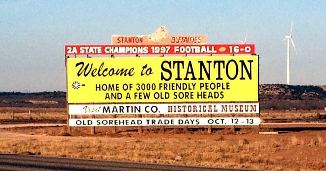 Welcome to Stanton, Texas sign on US I-20 West.