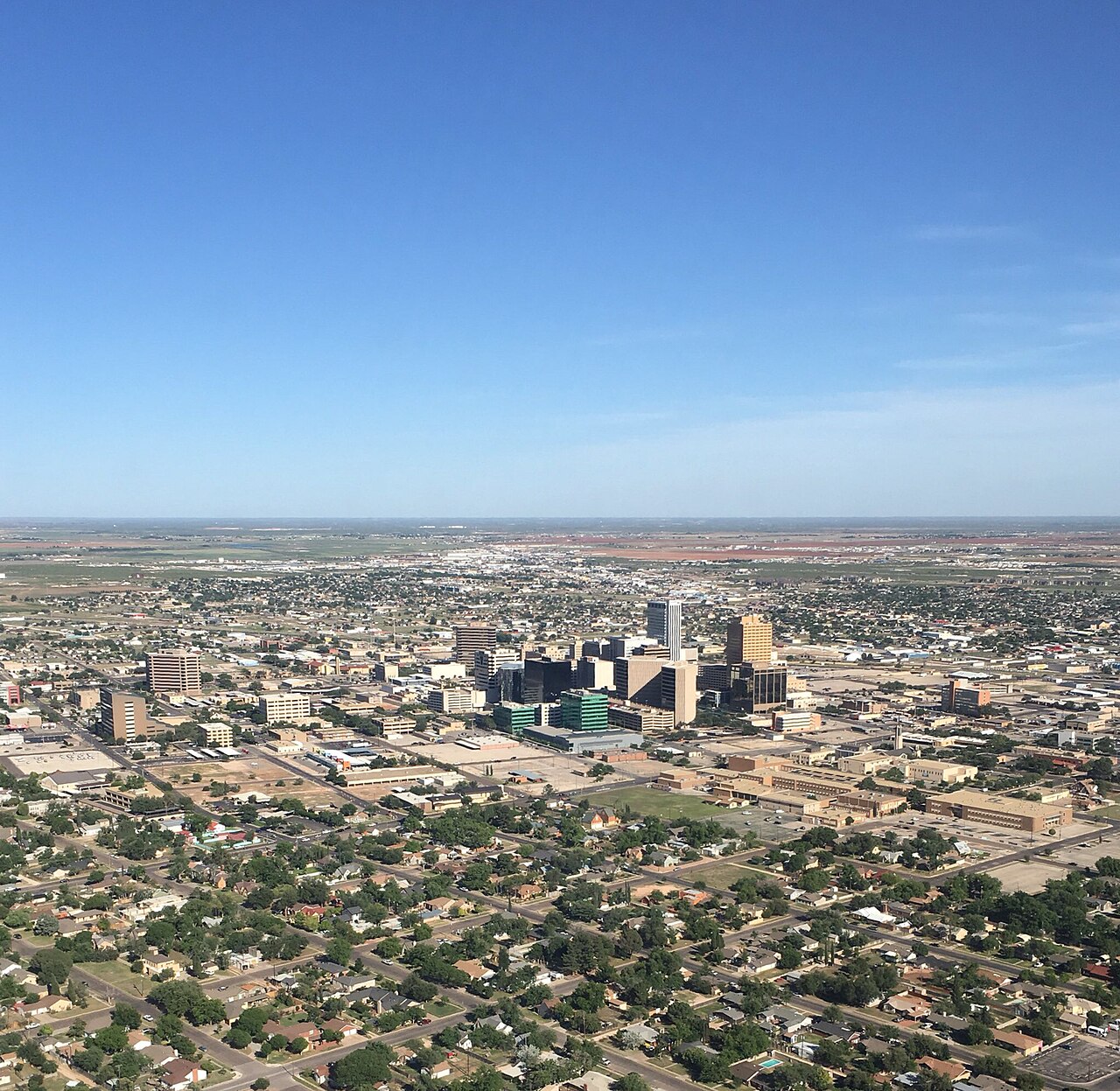 Aerial view across downtown Midland and surrounding neighborhoods